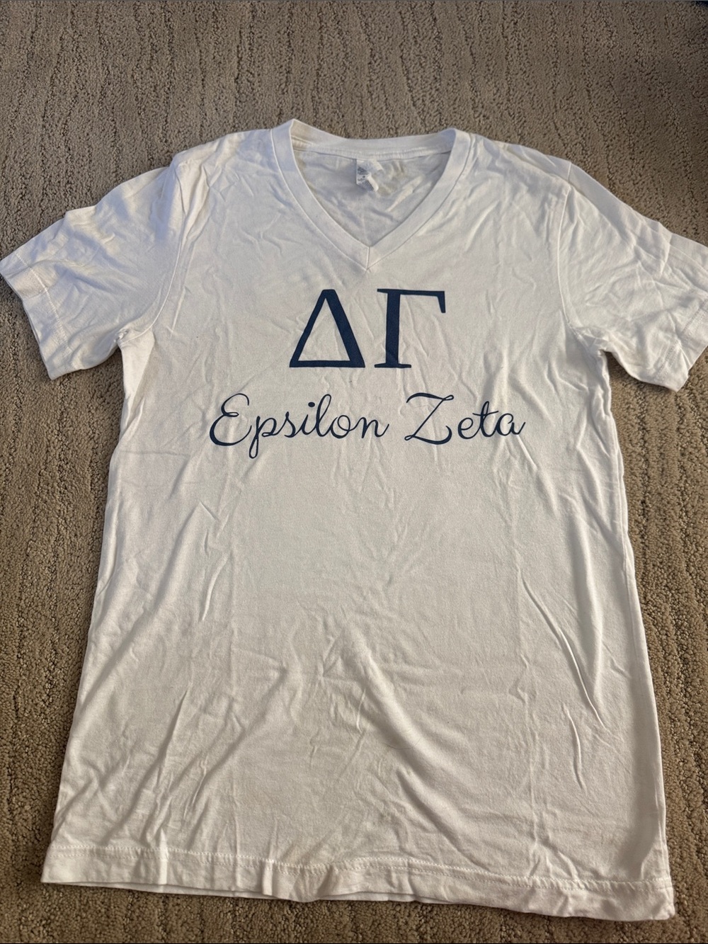 Bella Canvas White V-Neck T-Shirt with Navy Greek Letters